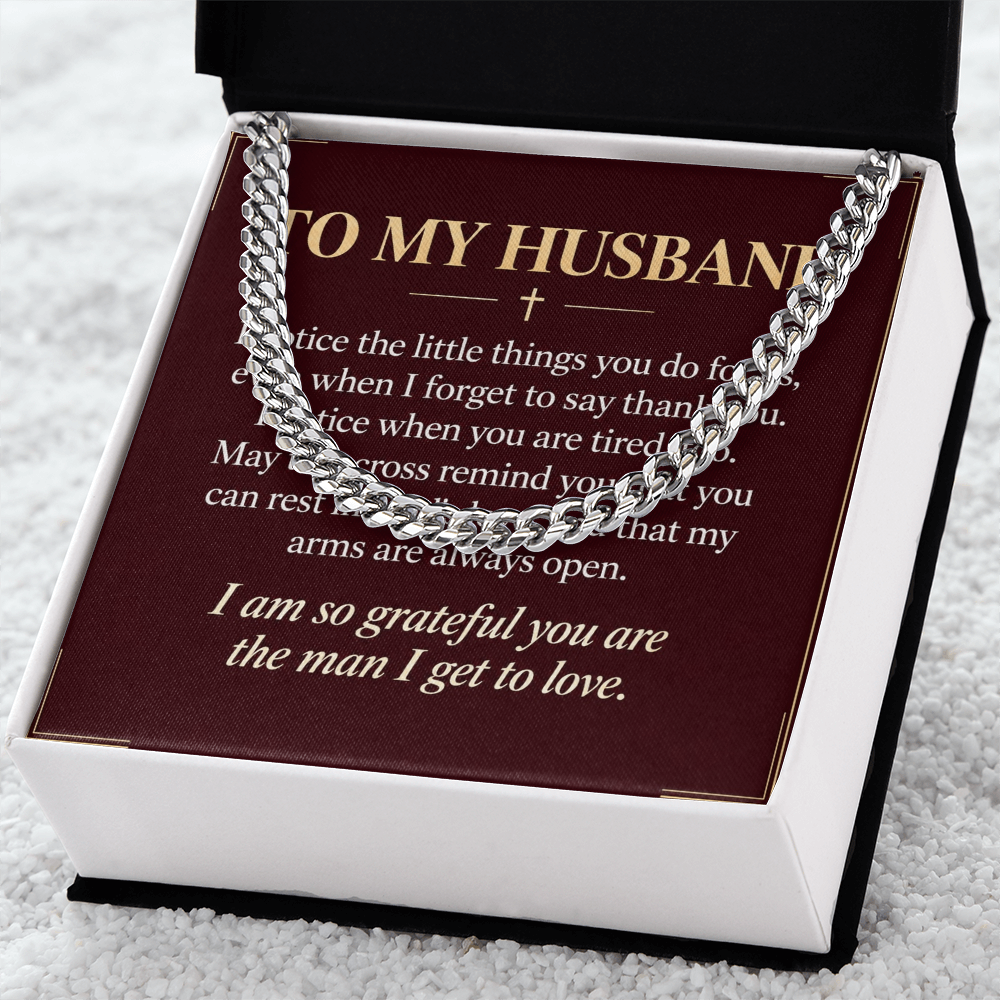 To My Husband Cuban Link Chain – "Grateful for You" Message Card & Gift Box, Christian Faith Gift for Husband