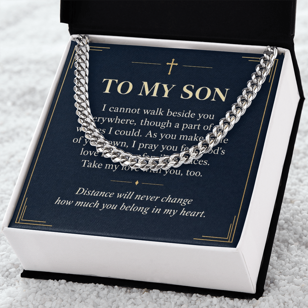 To My Son Cuban Link Chain – "Belong in My Heart" Message Card & Gift Box, Christian Faith Gift for Son