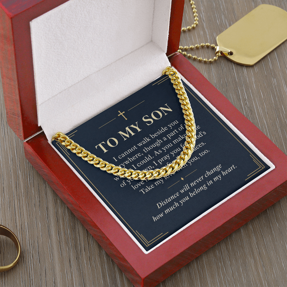 To My Son Cuban Link Chain – "Belong in My Heart" Message Card & Gift Box, Christian Faith Gift for Son
