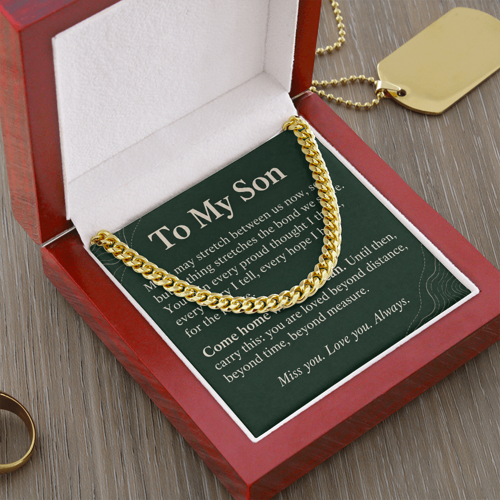 To My Son Cuban Link Chain – "Beyond Distance" Message Card & Gift Box, Inspirational Gift for Son