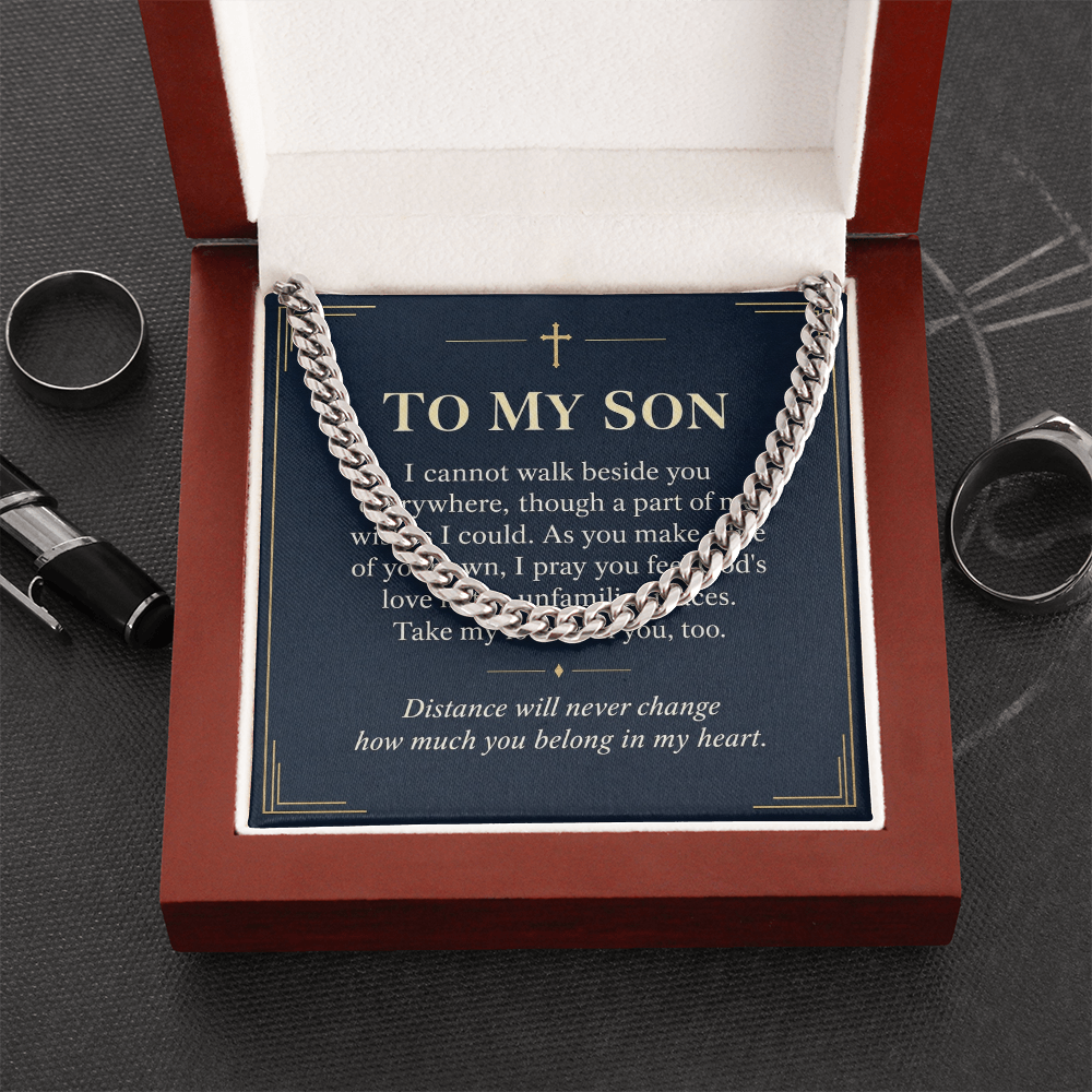 To My Son Cuban Link Chain – "Belong in My Heart" Message Card & Gift Box, Christian Faith Gift for Son