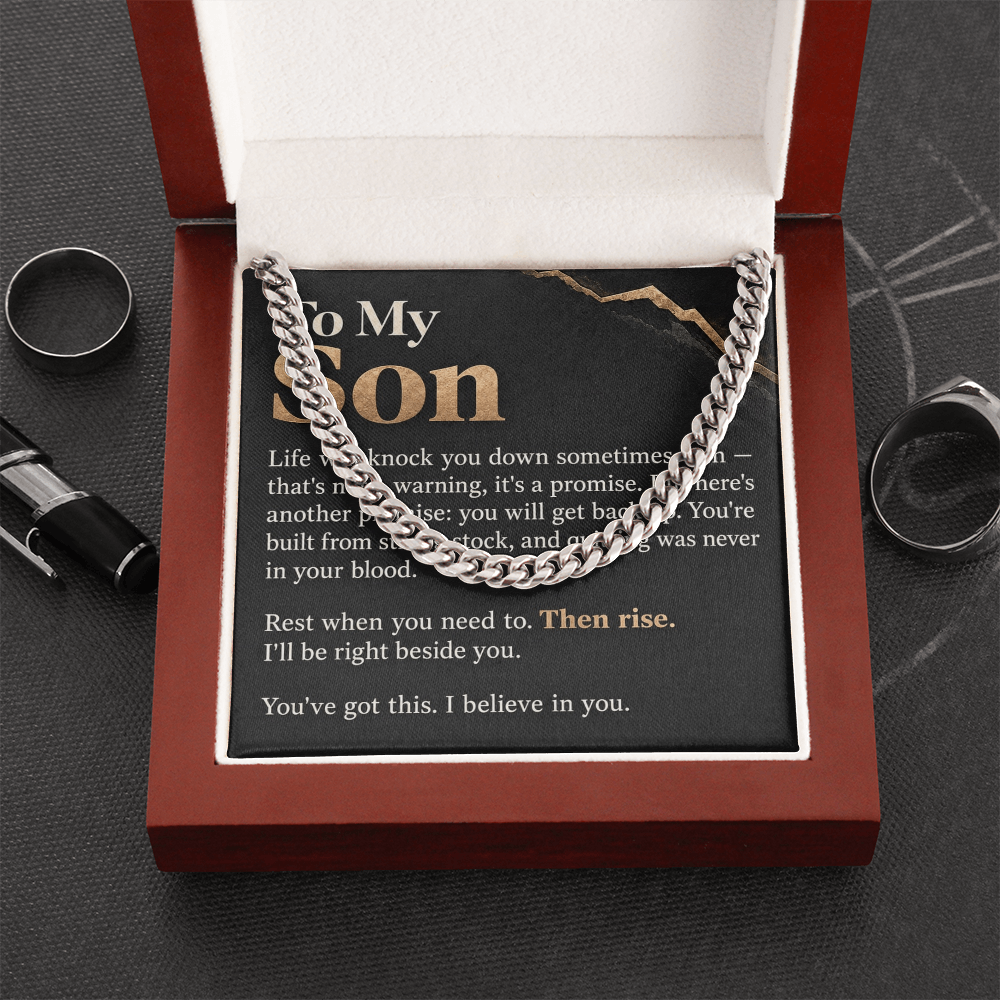 To My Son Cuban Link Chain – "Then Rise" Message Card & Gift Box, Inspirational Gift for Son