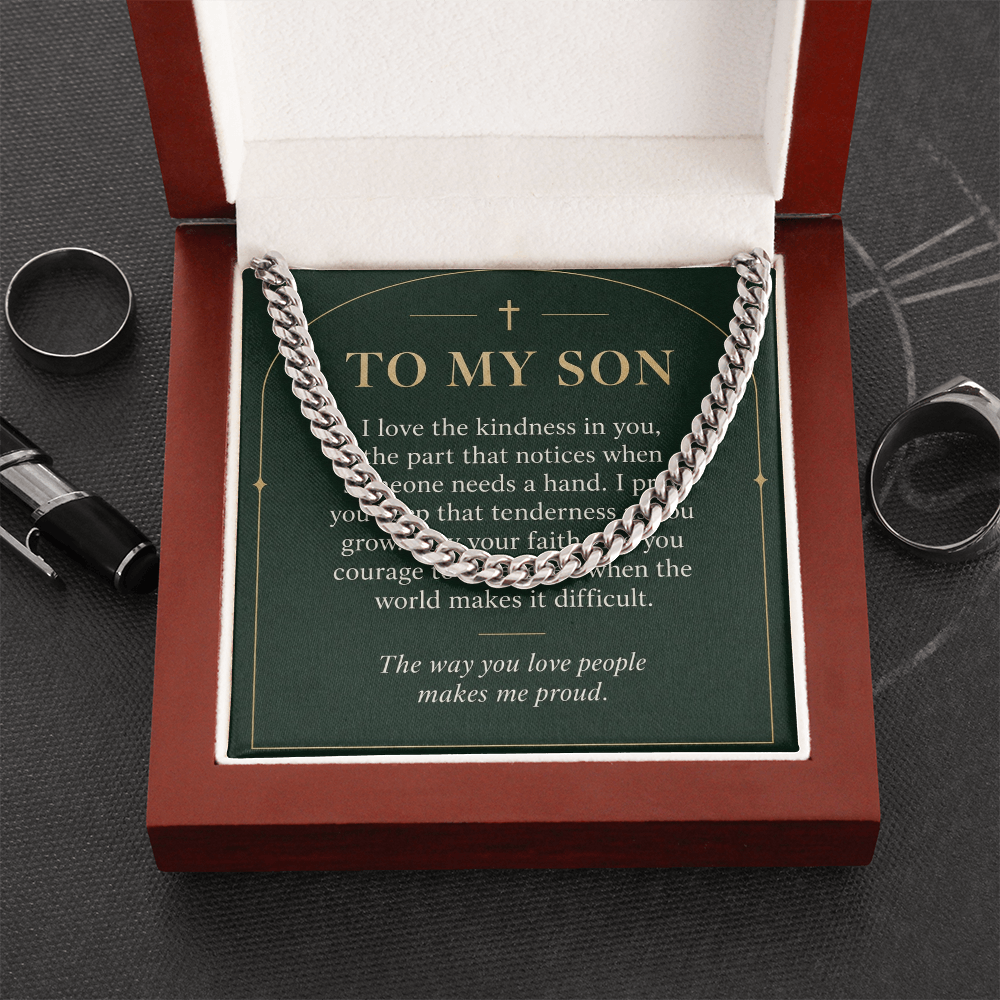 To My Son Cuban Link Chain – "Makes Me Proud" Message Card & Gift Box, Christian Faith Gift for Son