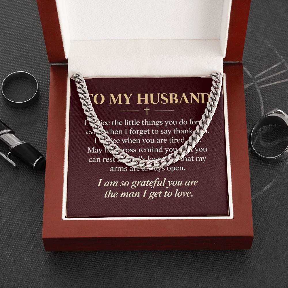To My Husband Cuban Link Chain – "Grateful for You" Message Card & Gift Box, Christian Faith Gift for Husband
