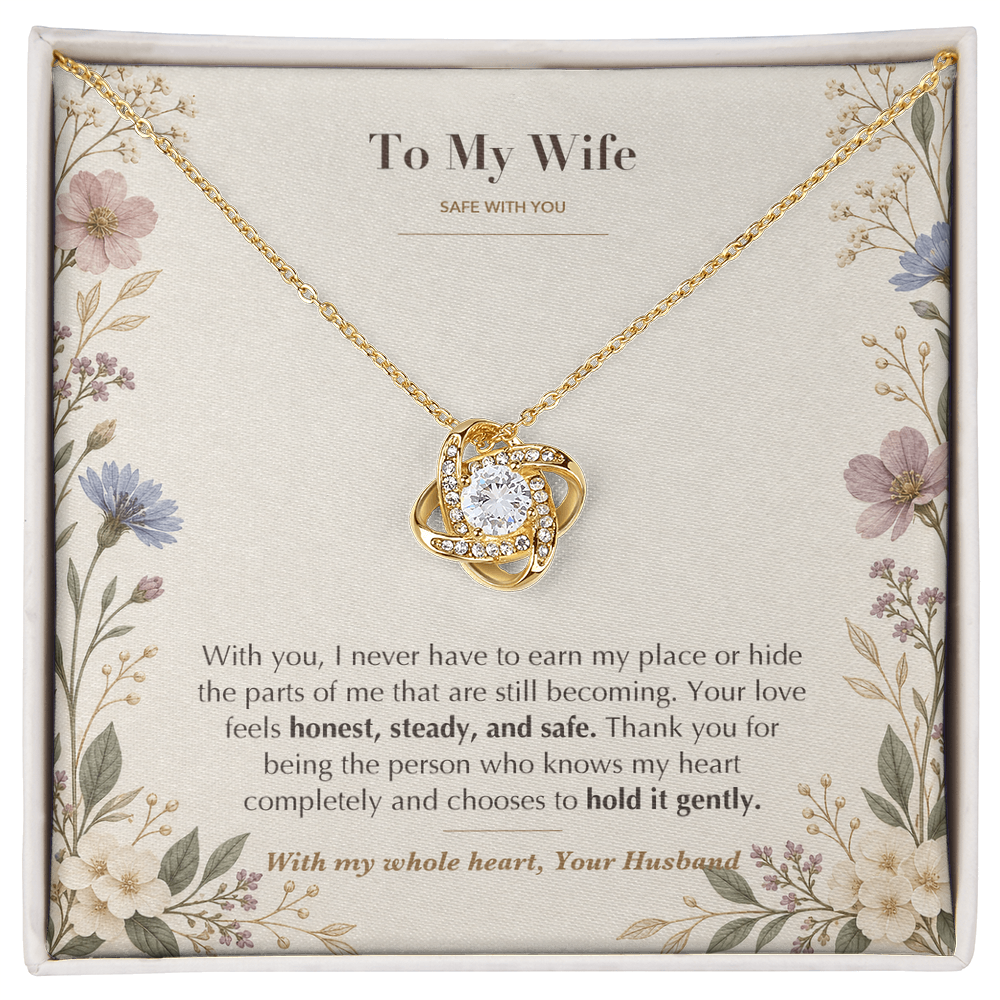 To My Wife Necklace from Husband – Love Knot Pendant with Safe With You Message Card & Gift Box