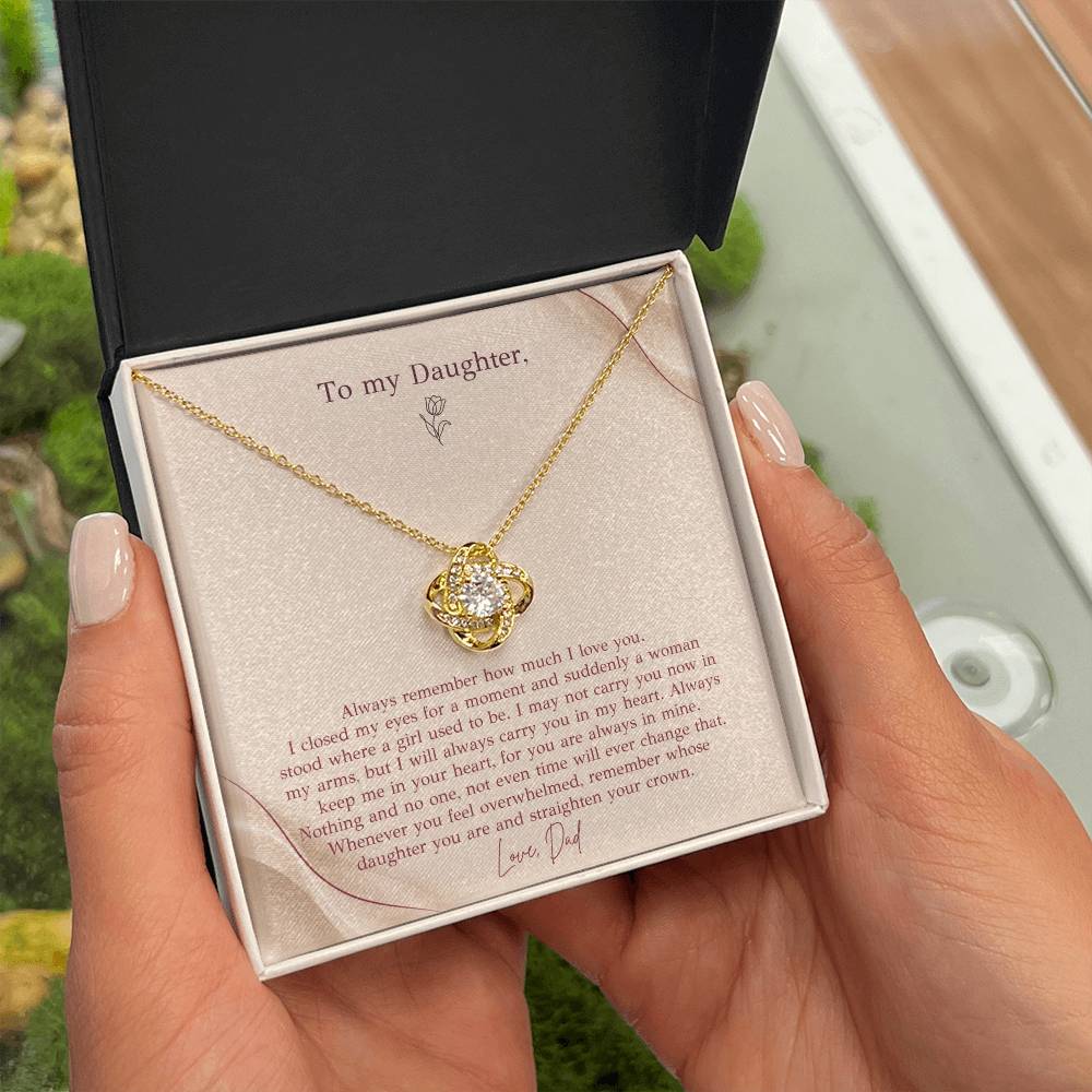 To My Daughter Necklace from Dad – Love Knot Pendant with Straighten Your Crown Message Card & Gift Box