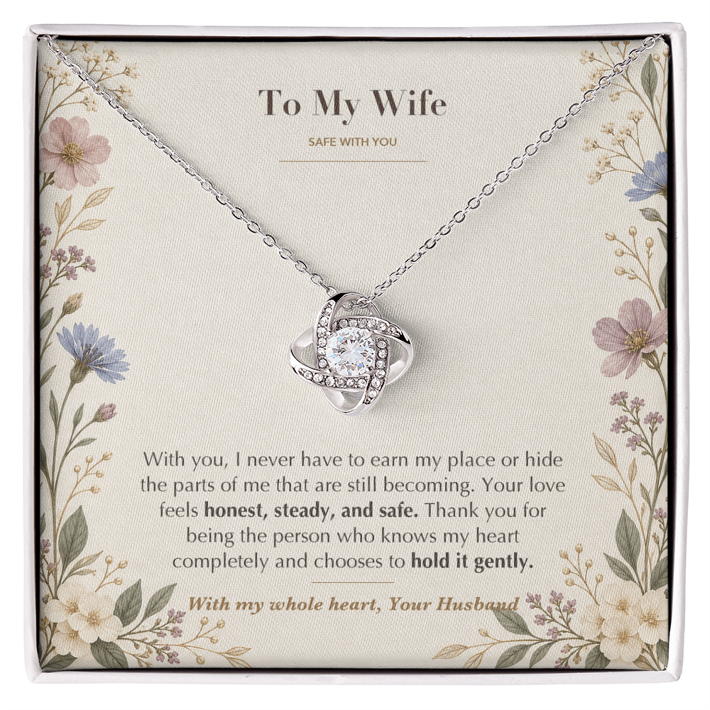 To My Wife Necklace from Husband – Love Knot Pendant with Safe With You Message Card & Gift Box