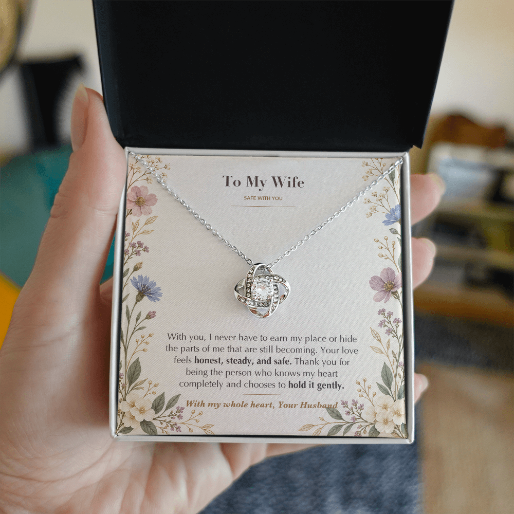 To My Wife Necklace from Husband – Love Knot Pendant with Safe With You Message Card & Gift Box