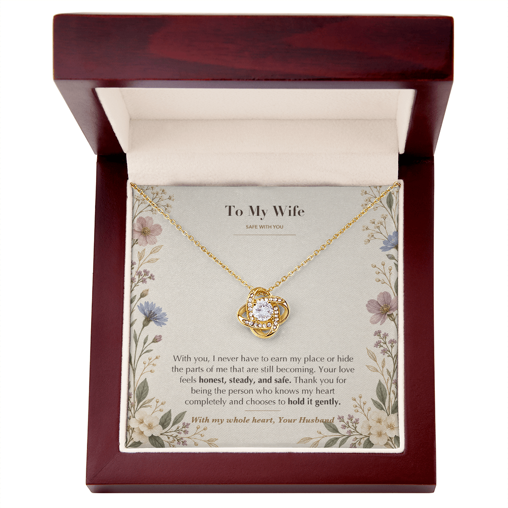 To My Wife Necklace from Husband – Love Knot Pendant with Safe With You Message Card & Gift Box