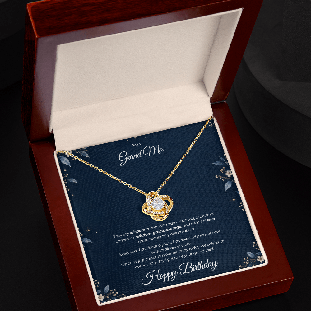 To My Grandma Necklace – Love Knot Pendant with Happy Birthday Message Card & Gift Box
