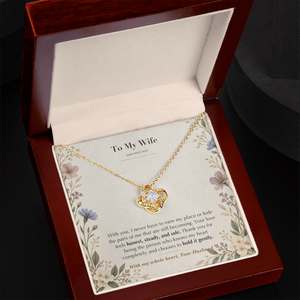 To My Wife Necklace from Husband – Love Knot Pendant with Safe With You Message Card & Gift Box