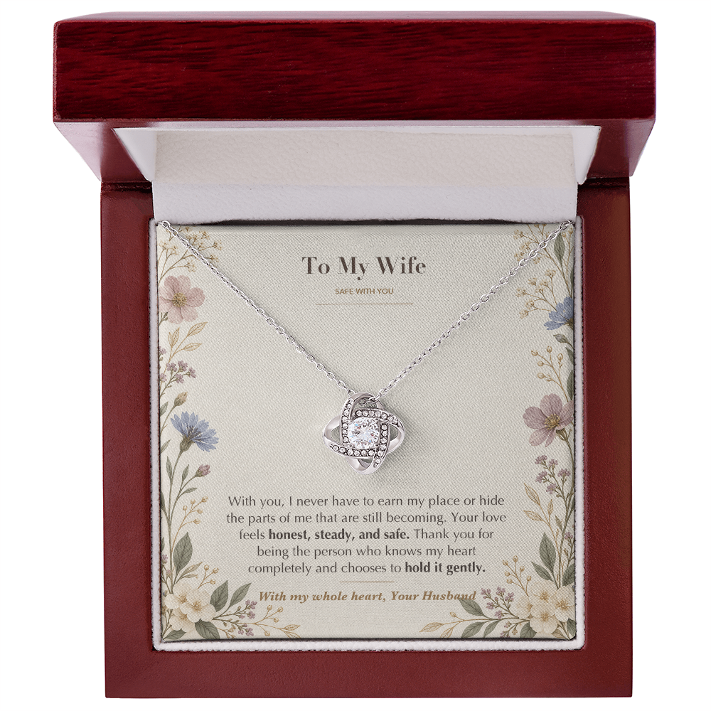 To My Wife Necklace from Husband – Love Knot Pendant with Safe With You Message Card & Gift Box