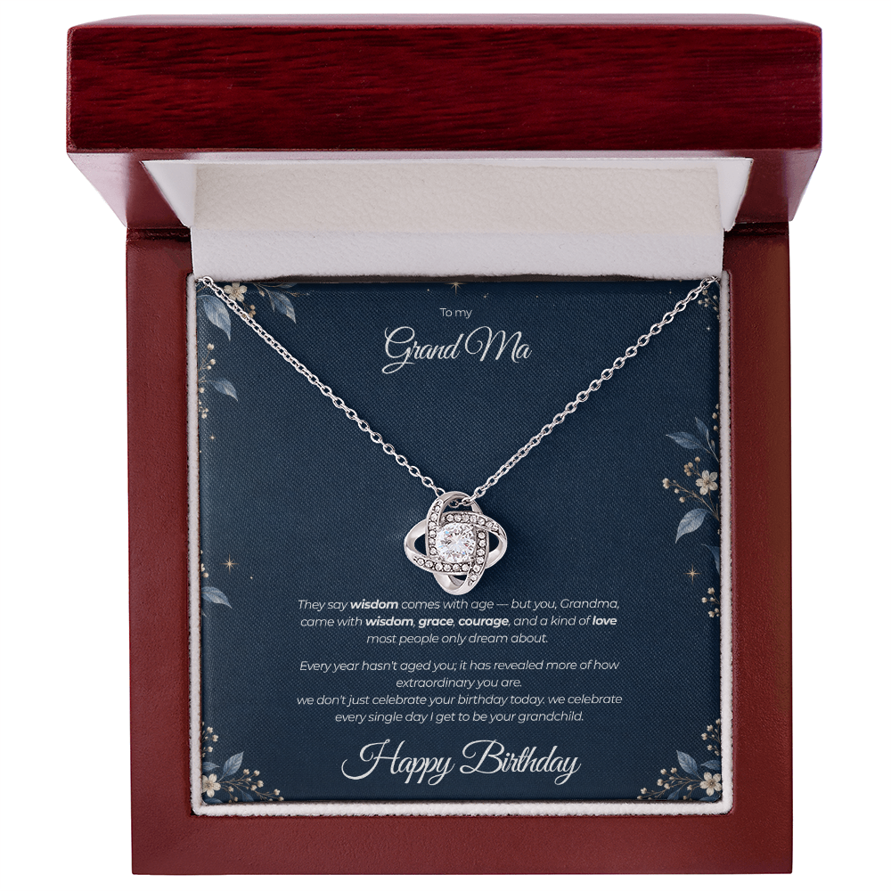 To My Grandma Necklace – Love Knot Pendant with Happy Birthday Message Card & Gift Box