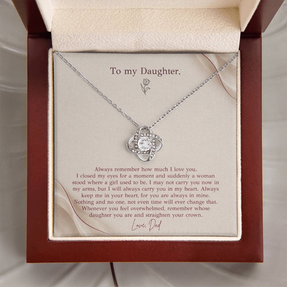 To My Daughter Necklace from Dad – Love Knot Pendant with Straighten Your Crown Message Card & Gift Box