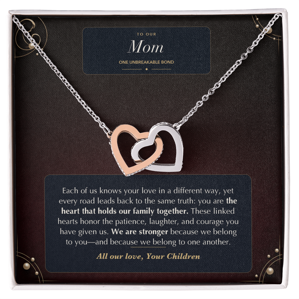 Interlocking Hearts necklace with One Unbreakable Bond message card for Mom