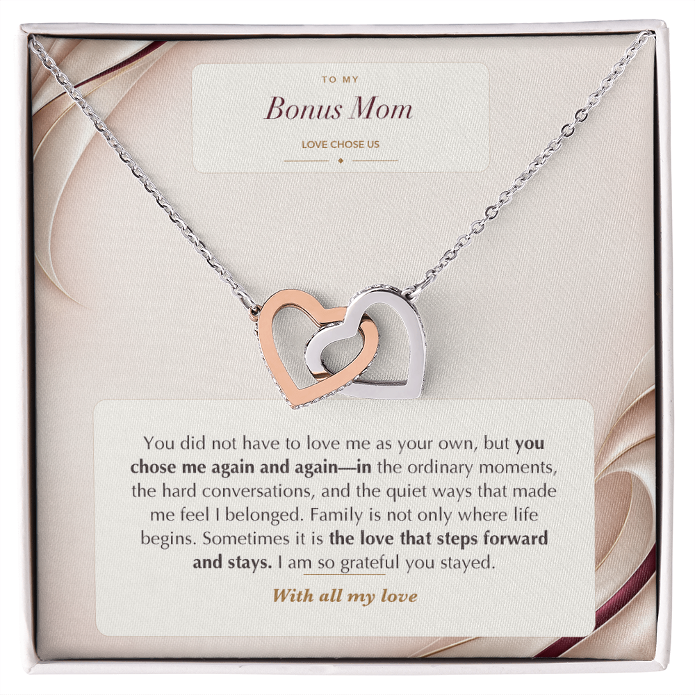 Interlocking Hearts necklace with Love Chose Us message card for bonus mom