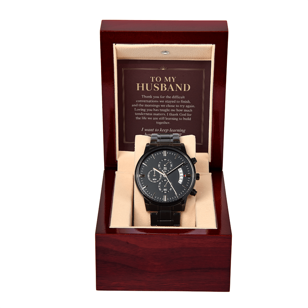 To My Husband Chronograph Watch – "Keep Learning to Love You" Message Card & Luxury Gift Box, Christian Faith Gift for Husband