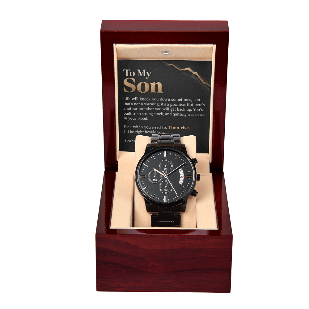 To My Son Chronograph Watch – "Then Rise" Message Card & Luxury Gift Box, Inspirational Gift for Son
