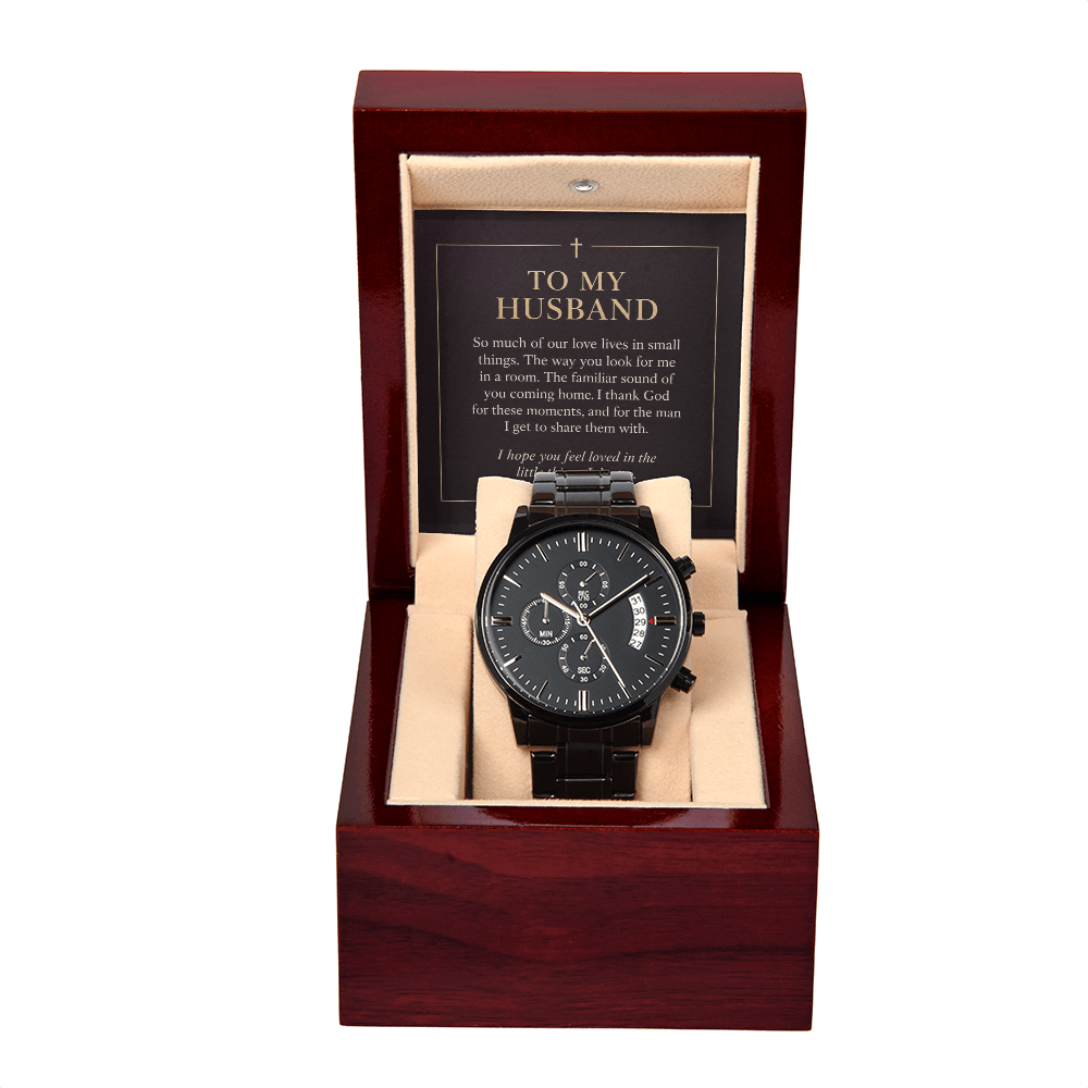 To My Husband Chronograph Watch – "Love in Small Things" Message Card & Luxury Gift Box, Christian Faith Gift for Husband