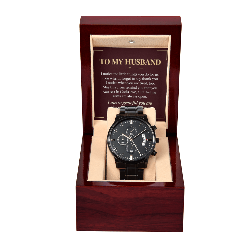 To My Husband Chronograph Watch – "Grateful for You" Message Card & Luxury Gift Box, Christian Faith Gift for Husband
