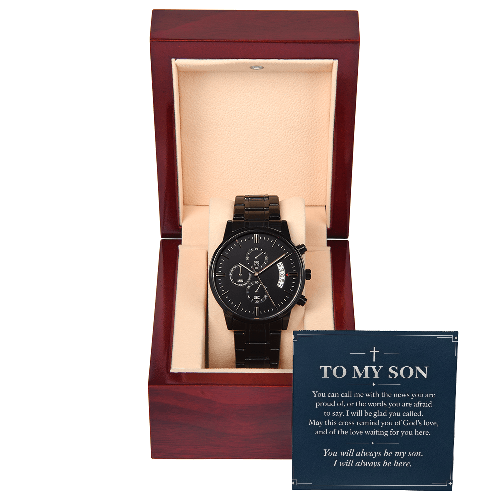 To My Son Chronograph Watch – "Always Be Here" Message Card & Luxury Gift Box, Christian Faith Gift for Son