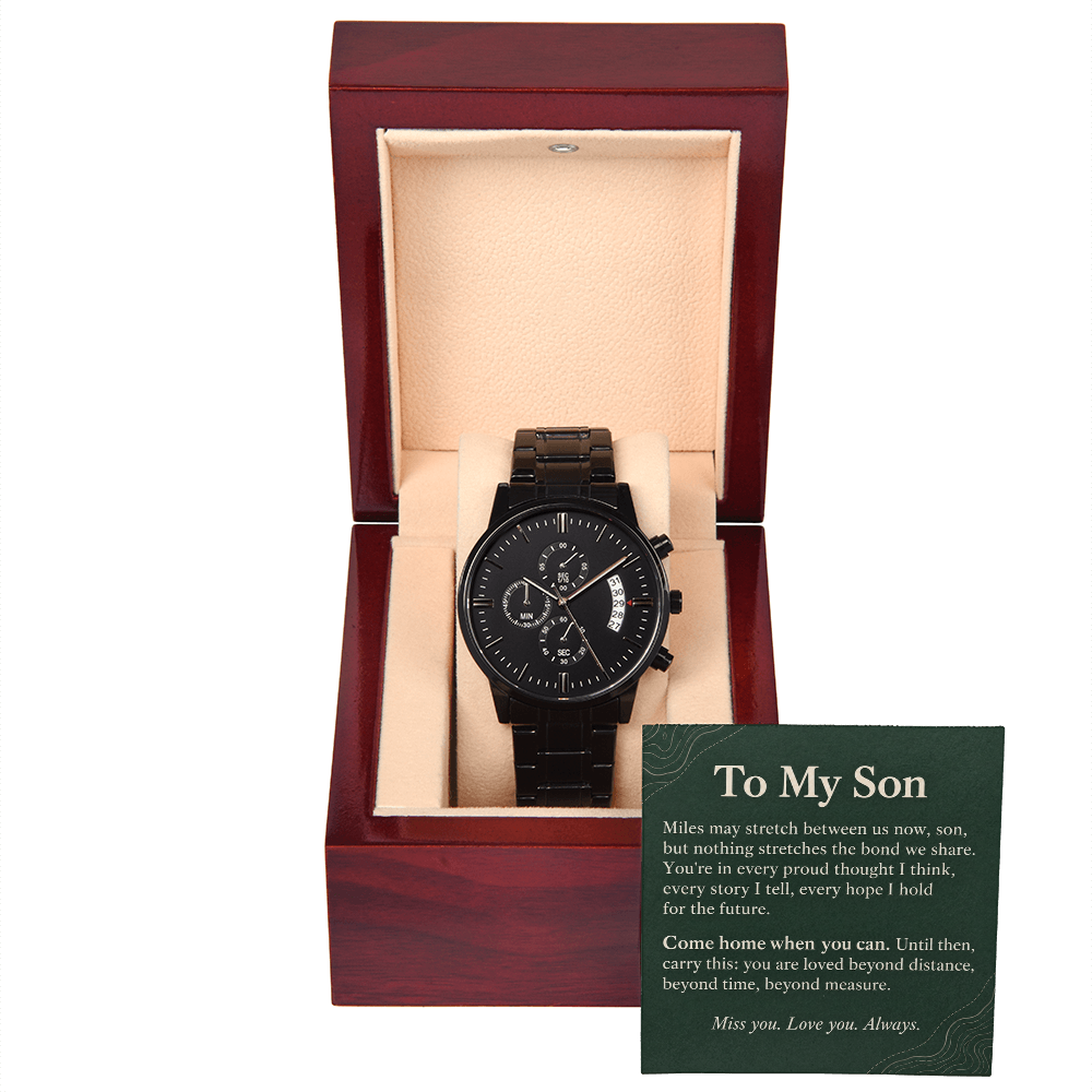 To My Son Chronograph Watch – "Beyond Distance" Message Card & Luxury Gift Box, Inspirational Gift for Son
