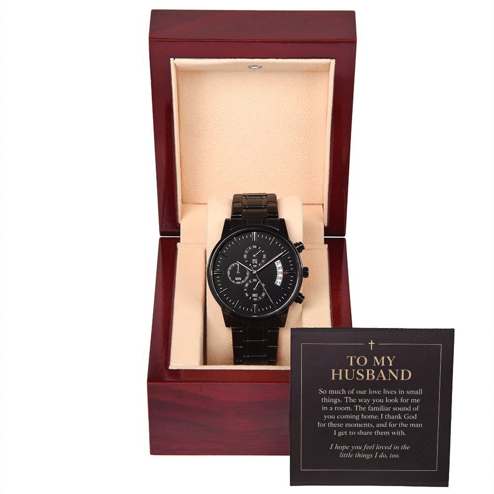 To My Husband Chronograph Watch – "Love in Small Things" Message Card & Luxury Gift Box, Christian Faith Gift for Husband