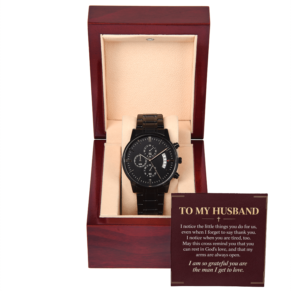 To My Husband Chronograph Watch – "Grateful for You" Message Card & Luxury Gift Box, Christian Faith Gift for Husband