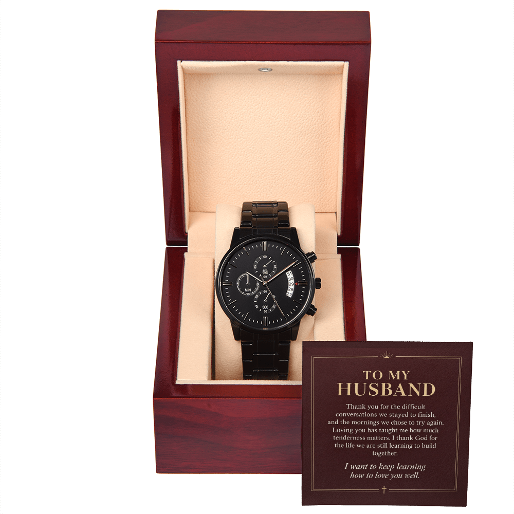To My Husband Chronograph Watch – "Keep Learning to Love You" Message Card & Luxury Gift Box, Christian Faith Gift for Husband