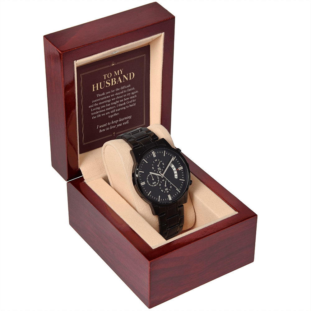 To My Husband Chronograph Watch – "Keep Learning to Love You" Message Card & Luxury Gift Box, Christian Faith Gift for Husband