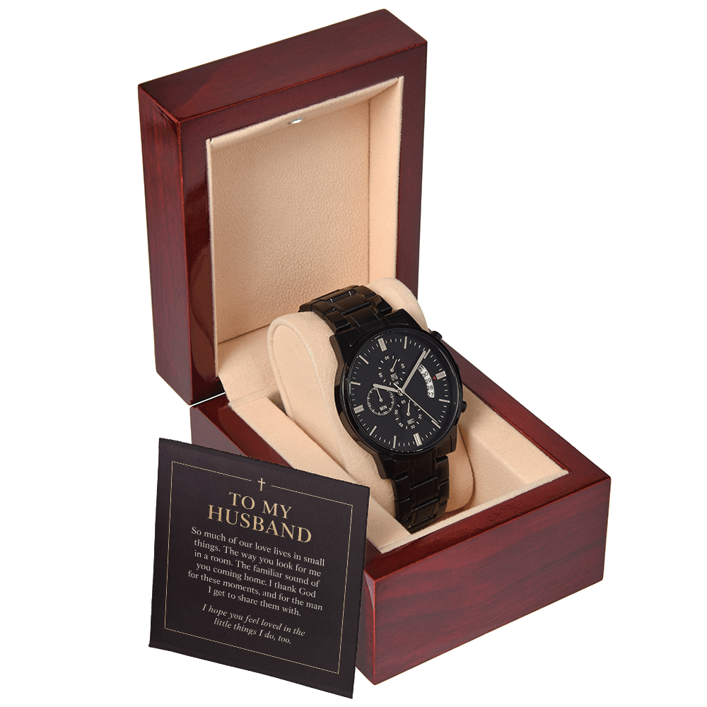 To My Husband Chronograph Watch – "Love in Small Things" Message Card & Luxury Gift Box, Christian Faith Gift for Husband