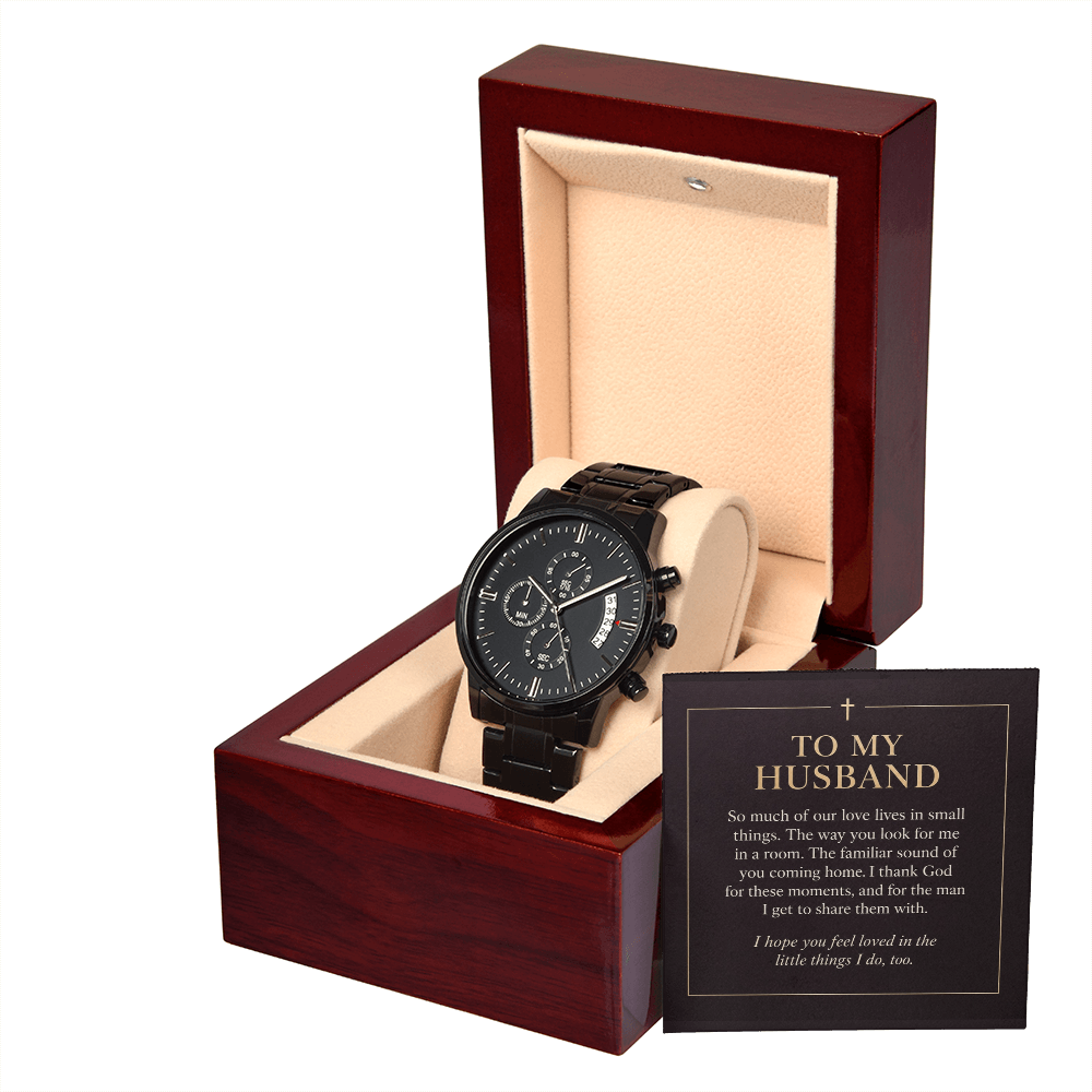 To My Husband Chronograph Watch – "Love in Small Things" Message Card & Luxury Gift Box, Christian Faith Gift for Husband