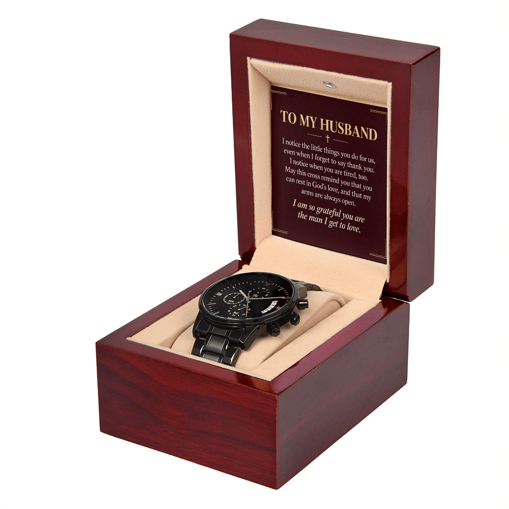 To My Husband Chronograph Watch – "Grateful for You" Message Card & Luxury Gift Box, Christian Faith Gift for Husband