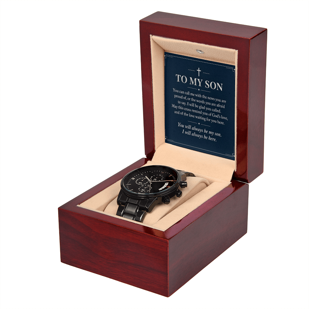 To My Son Chronograph Watch – "Always Be Here" Message Card & Luxury Gift Box, Christian Faith Gift for Son