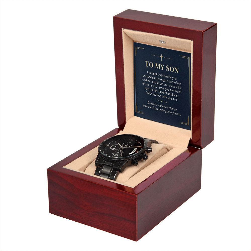 To My Son Chronograph Watch – "Belong in My Heart" Message Card & Luxury Gift Box, Christian Faith Gift for Son