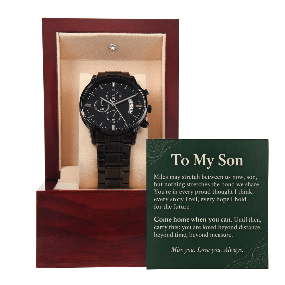 To My Son Chronograph Watch – "Beyond Distance" Message Card & Luxury Gift Box, Inspirational Gift for Son