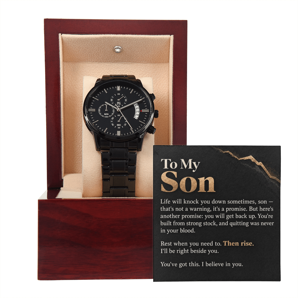 To My Son Chronograph Watch – "Then Rise" Message Card & Luxury Gift Box, Inspirational Gift for Son