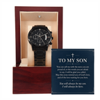 To My Son Chronograph Watch – "Always Be Here" Message Card & Luxury Gift Box, Christian Faith Gift for Son