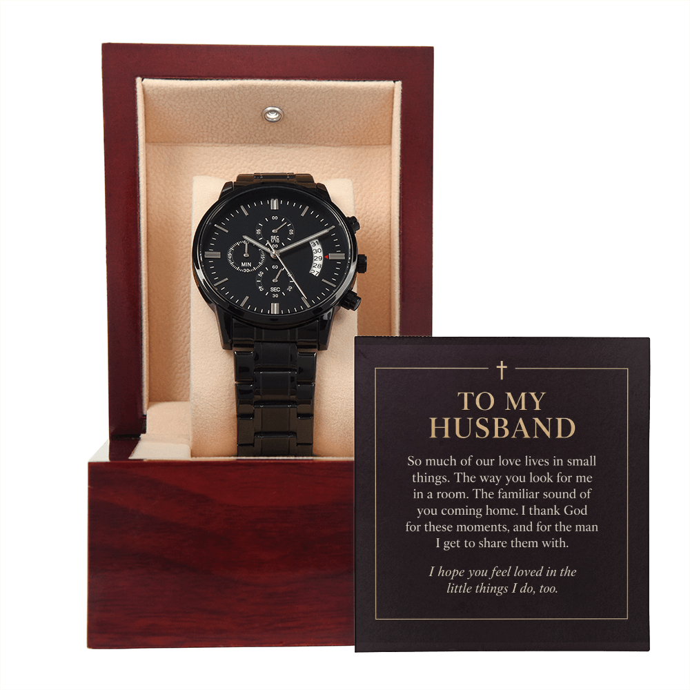 To My Husband Chronograph Watch – "Love in Small Things" Message Card & Luxury Gift Box, Christian Faith Gift for Husband