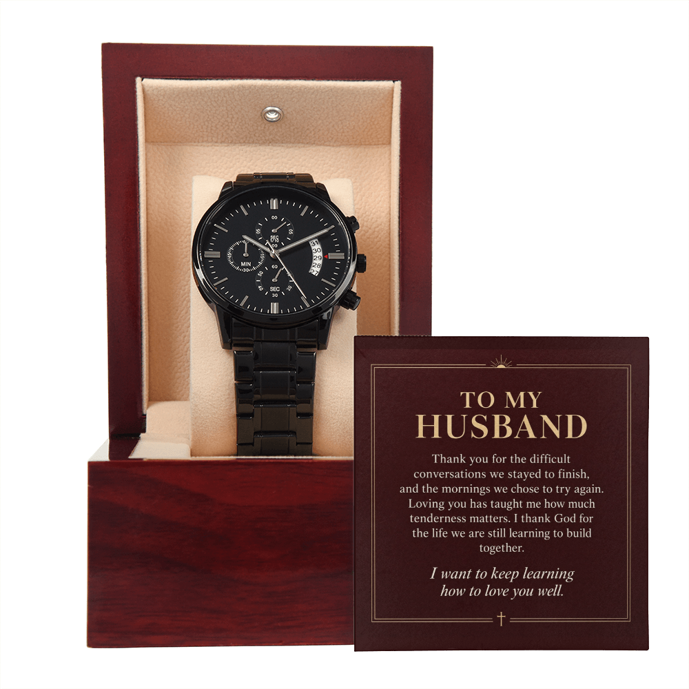 To My Husband Chronograph Watch – "Keep Learning to Love You" Message Card & Luxury Gift Box, Christian Faith Gift for Husband