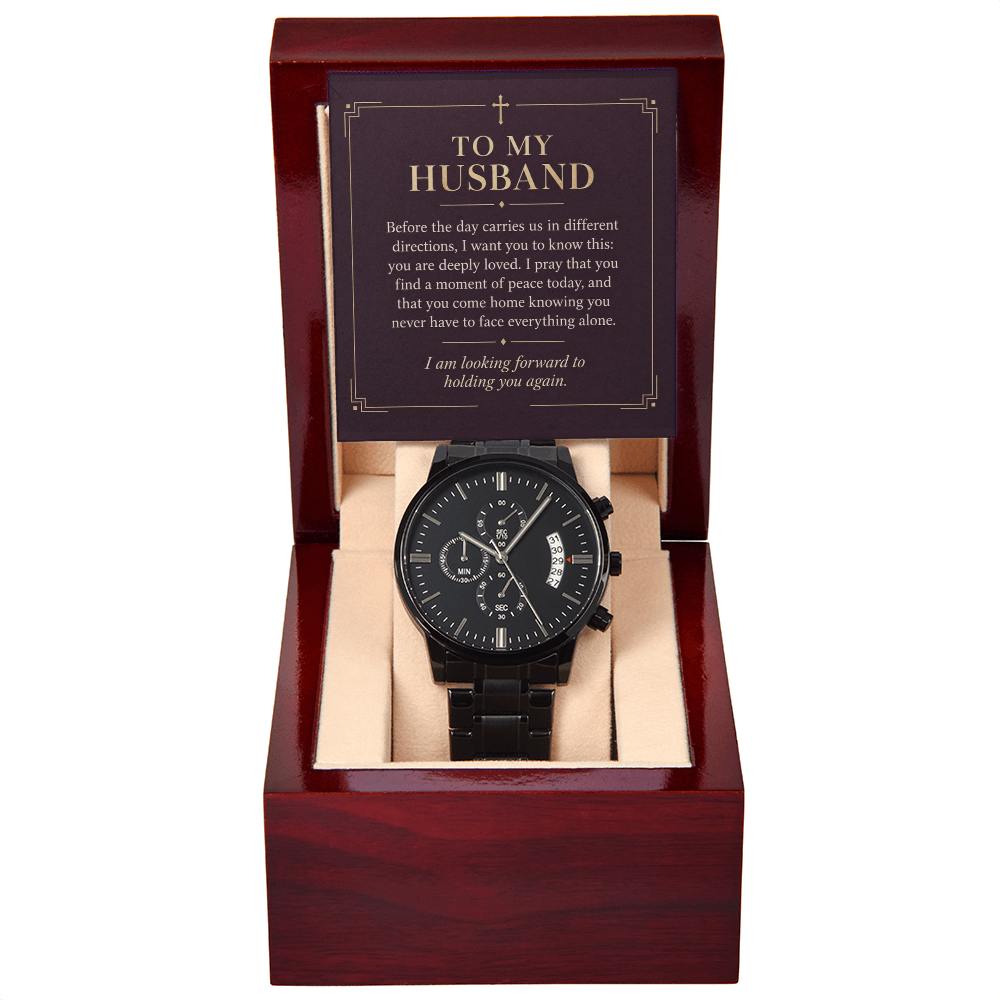 To My Husband Chronograph Watch – "Peace Today" Message Card & Luxury Gift Box, Christian Faith Gift for Husband