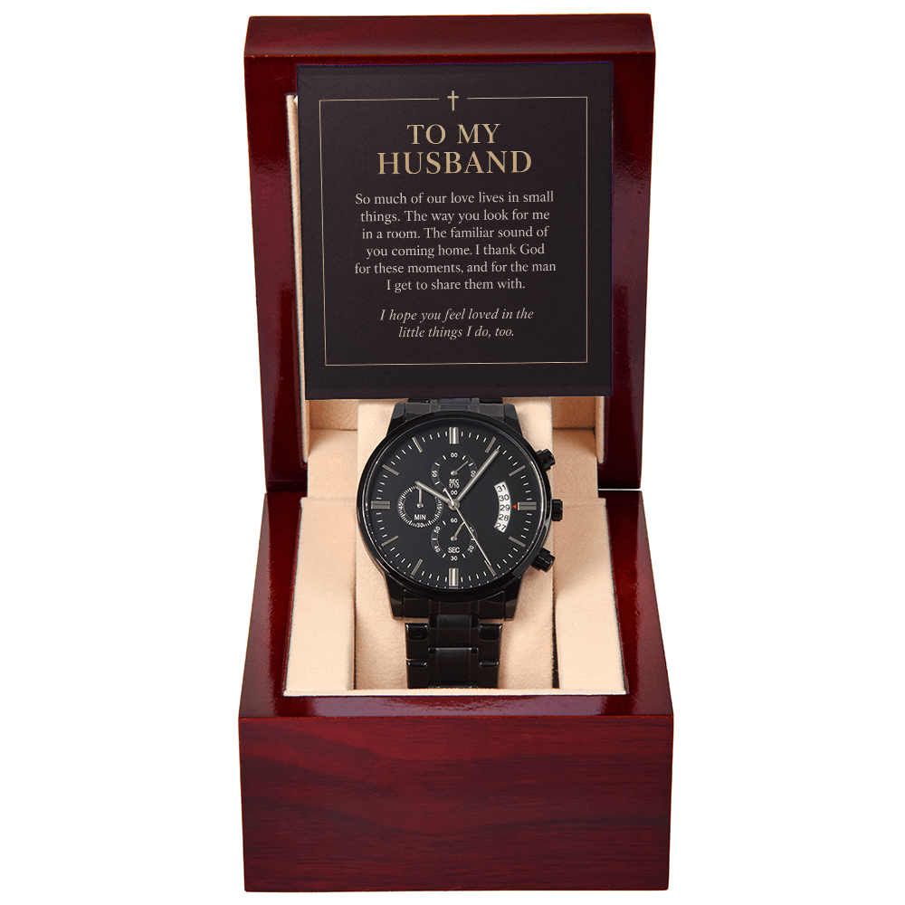To My Husband Chronograph Watch – "Love in Small Things" Message Card & Luxury Gift Box, Christian Faith Gift for Husband