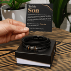 To My Son Bracelet – Men's Braided Leather Bracelet with Inspirational Message Card & Gift Box, Encouragement Gift for Son