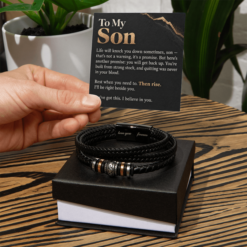 To My Son Bracelet – Men's Braided Leather Bracelet with Inspirational Message Card & Gift Box, Encouragement Gift for Son