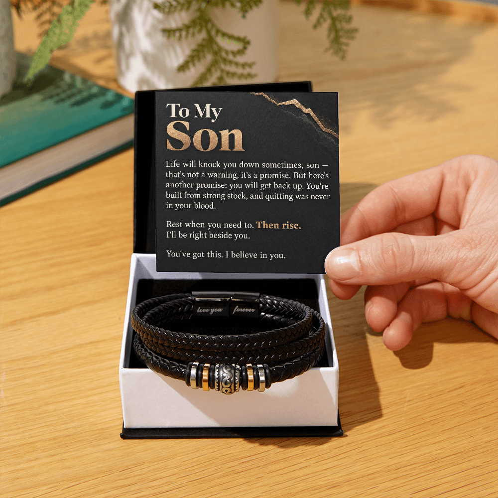 To My Son Bracelet – Men's Braided Leather Bracelet with Inspirational Message Card & Gift Box, Encouragement Gift for Son