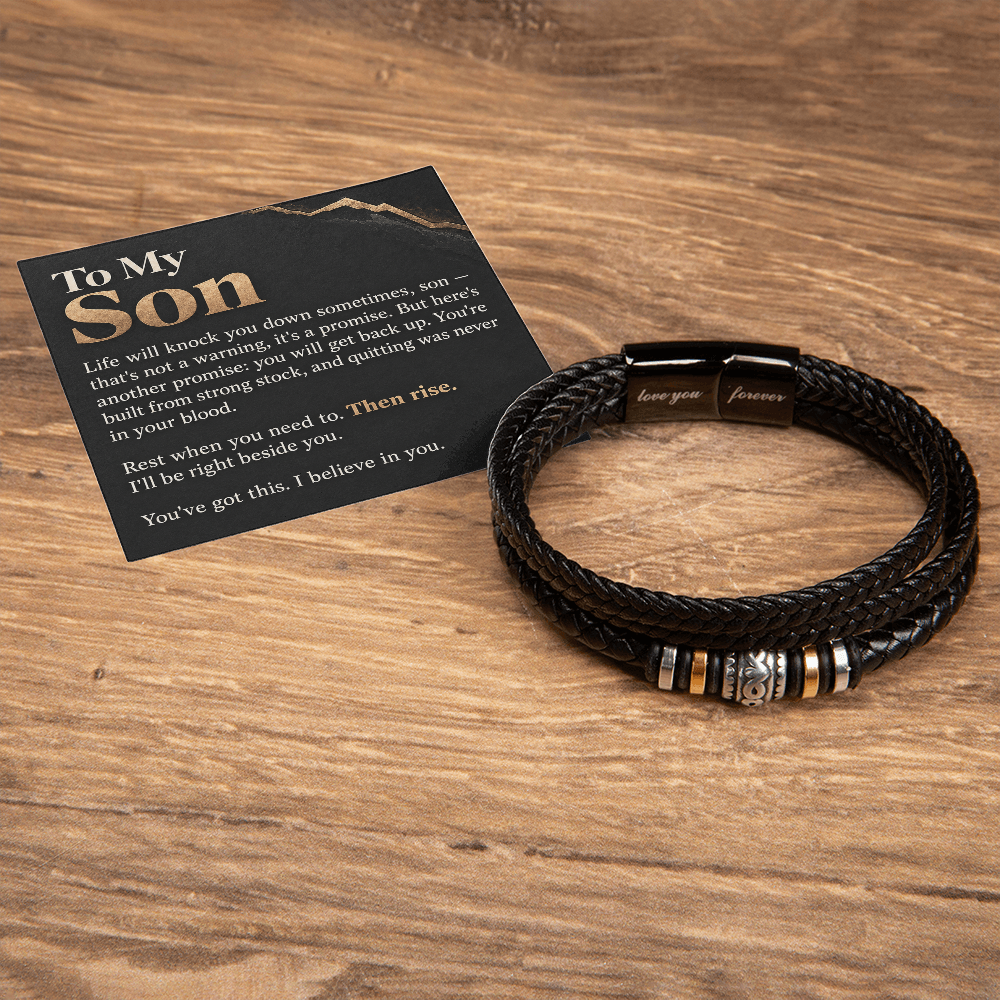 To My Son Bracelet – Men's Braided Leather Bracelet with Inspirational Message Card & Gift Box, Encouragement Gift for Son
