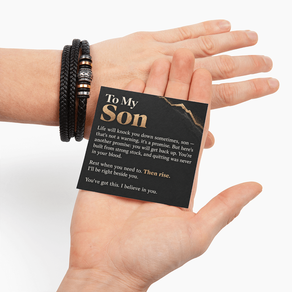 To My Son Bracelet – Men's Braided Leather Bracelet with Inspirational Message Card & Gift Box, Encouragement Gift for Son