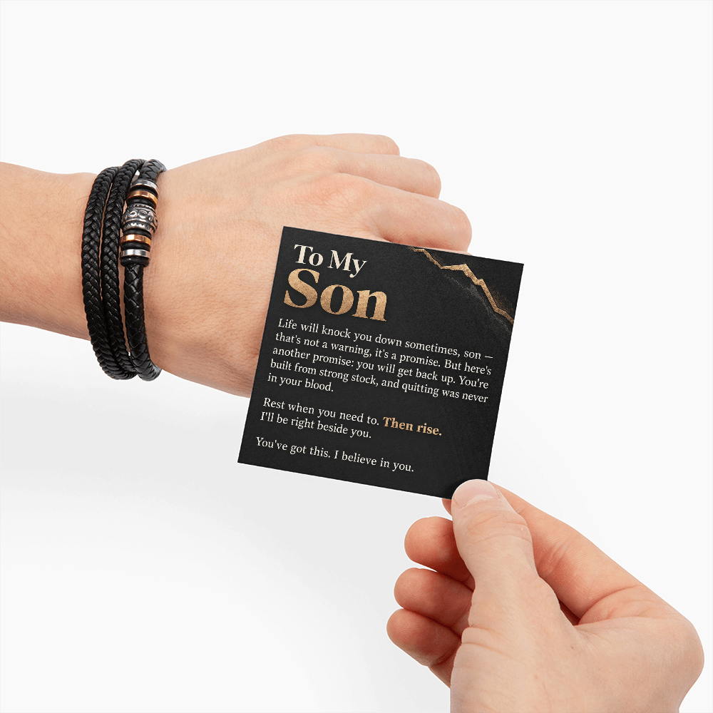 To My Son Bracelet – Men's Braided Leather Bracelet with Inspirational Message Card & Gift Box, Encouragement Gift for Son