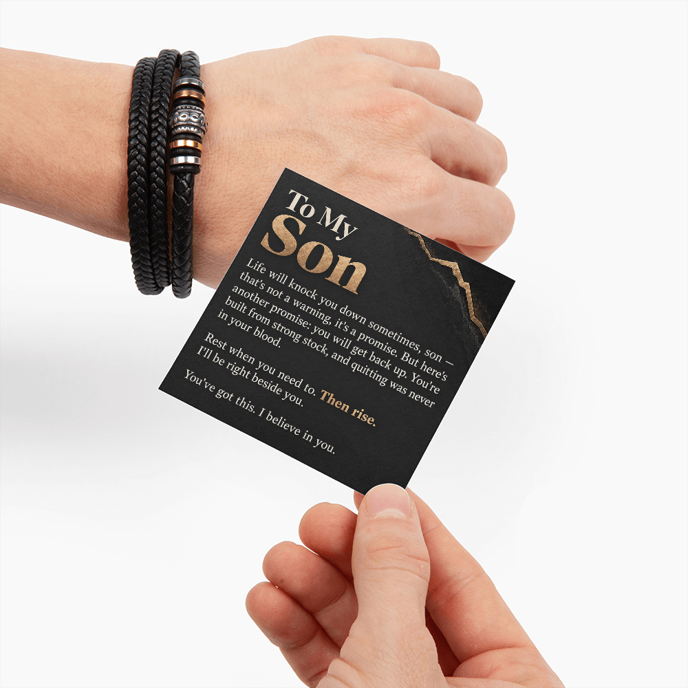 To My Son Bracelet – Men's Braided Leather Bracelet with Inspirational Message Card & Gift Box, Encouragement Gift for Son
