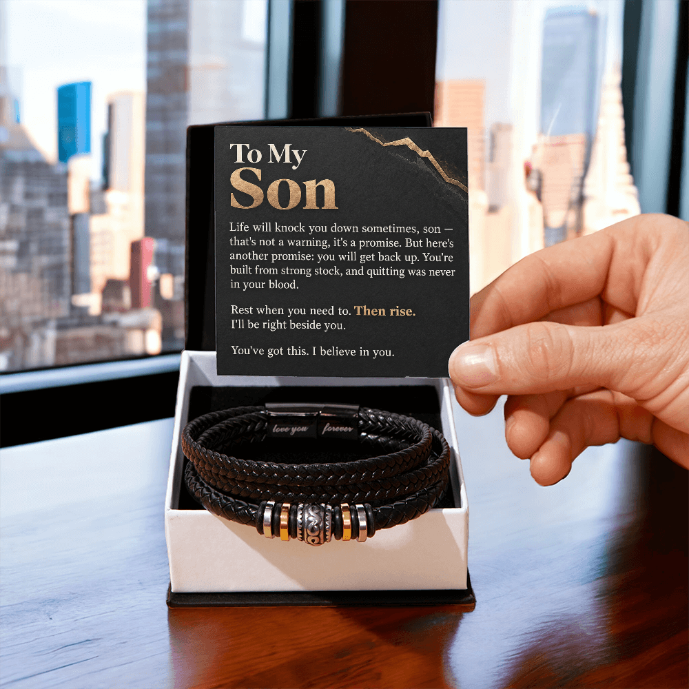 To My Son Bracelet – Men's Braided Leather Bracelet with Inspirational Message Card & Gift Box, Encouragement Gift for Son